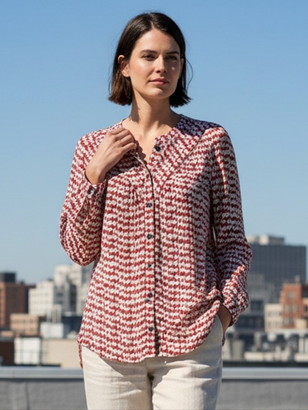 Maeve From Anthropologie Button-Front Women's Top in Rust & Cream Size Xsp